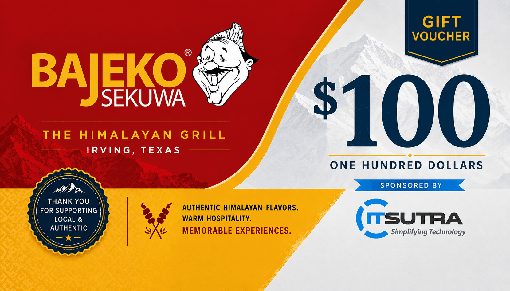 $100 Bajeko Sekuwa gift voucher, sponsored by ITsutra